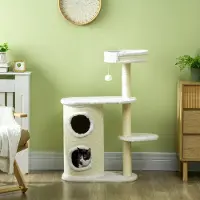 SUGIFT Arbre à chat avec griffoir en carton ondulé et panier, arbre à chat en sisal, couleur crème | 59 x 35 x 100 cm | Revêtement en peluche et corde en sisal | Inclut un jouet
