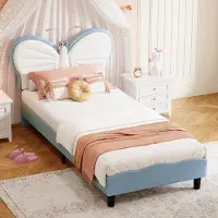 UnboxG Lit rembourré pour enfant 90 x 190 cm, blanc et bleu, avec tête de lit en forme de papillon et lampes de lecture réglables, design enPolyuréthanemoelleux pour chambre de fille