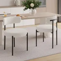 Hawthyhome Chaise de salle à manger(2pcs) Teddy Tissu ronde Boucle Chaise rembourrée avec cadre métallique blanc