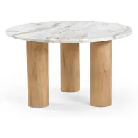 MARMOHOLZ - Table basse ronde Noto Ø70 cm x H40 cm en marbre gris naturel et bois de manguier massif clair - table élégante de style japonais