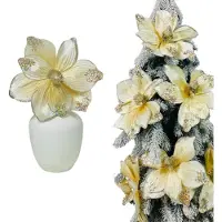 Inspiruj Magnolia crème sur une pointe, décoré de strass et de paillettes - Fleurs pour un arbre de Noël 28 cm