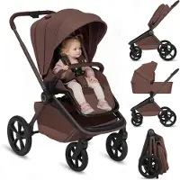 Lionelo Poussette 2 en 1 Freya avec nacelle et siège auto, pliable jusqu'à 22 kg, roues en polyuréthane, suspension, surface de couchage XXL - Marron
