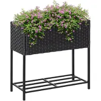 SUCCESS COURIER Jardinière surélevée en polyrotin avec tablette, 70 x 30 x 70 cm, marron foncé, structure métallique, résistante aux intempéries, ménage le dos