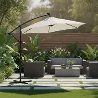 Feel2Home Parasol de jardin avec éclairage LED solaire et manivelle, inclinable de manière progressive, diamètre 300 cm, couleur beige