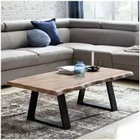 FineBuy Table basse en acacia massif 115 cm Table de salon rectangulaire avec bord naturel en forme d'arbre patins métalliques noirs Table design faite main