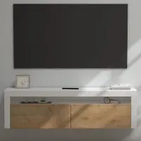 Doporro Meuble TV Bas 160x40x46cm Armoire TV Blanc Mat + Marron Clair Table de Télévision Salon avec 2 Portes Meuble TV Suspendu Fernsehschrank01