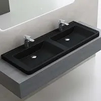 Doporro Double Lavabo à Encastrer Noir Mat Vasque en Solid Surface Lave Mains Rectangulaire de Qualité pour Salle de Bain 120x48x14,5cm Colossum08