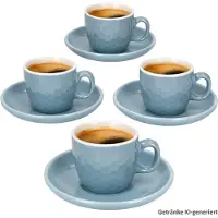 MamboCat Lot de 4 tasses à espresso Hexa avec soucoupes, bleu, céramique, motif moka en relief