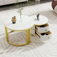 SUCCESS COURIER Table basse ronde 2-en-1 en MDF, table d’appoint avec plateau lustré et 1 plateau imitation marbre blanc, ensemble de tables basses pour salon avec 2 tiroirs, 70*70*46 + 50*50*40 cm