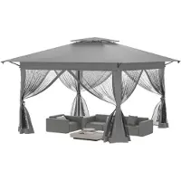 QEENTOE , pavillon de jardin pop-up 4x4 mètres, structure métallique avec double toit, 4 panneaux latéraux moustiquaires, couleur grise, idéal pour le jardin, les fêtes et les stands de marché
