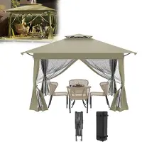 XINZI Tente pliante Pop Up avec système « One Push », double toit, hauteur réglable, idéale pour les réunions de famille sur la terrasse (surface ombragée : 4 x 4 m) - Kaki