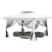 QEENTOE , pavillon de jardin pop-up 4x4 mètres, structure métallique avec double toit, 4 panneaux latéraux moustiquaires, couleur blanche, idéal pour le jardin, les fêtes et les stands de marché