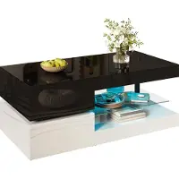 Sweiko Table basse moderne avec éclairage d'ambiance LED, contrôle APP et Bluetooth, étagère en verre & surface brillante, design noir et blanc pour le salon, 90x45x35,5 cm