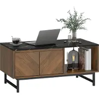 HOMCOM Table basse, table de salon avec plateau effet marbre, 2 portes et 2 compartiments ouverts, cadre en acier, style moderne, pour salon, bureau, 100 x 50,8 x 45,7 cm, noyer