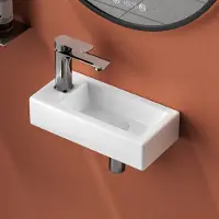 Emke Lavabo mural en céramique 36.5×18×9 cm - Carré blanc brillant avec trou pour robinetterie courte