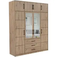 Bettso Armoire à quatre portes avec miroir , équipée de poignées noires escamotables. Finition : chêne "Costarica" artisanal