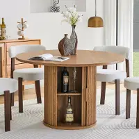 SUCCESS COURIER Table à manger ronde en bois de 120 cm pour 4 à 6 personnes, style cottage moderne avec rallonge et deux compartiments de rangement, table de cuisine pour le salon et la cuisine, noyer