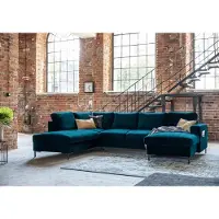 Miuform Lofty Lilly - Canapé d'angle avec fonction lit et coffre de lit U-FORM GAUCHE - 303 x 197 cm - Velours bleu pétrole - Canapé-lit Canapé