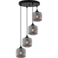 Light11 HOME Suspension RIFFLE noire à 4 ampoules, cylindre en verre gris, E27