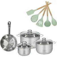 Fackelmann Batterie de cuisine avec 3 faitouts 16/20/24 cm et 1 poêle 20 cm avec 5 ustensiles de cuisine sans PFAS Etherna Brillant Fenix Océan
