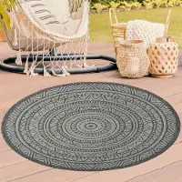 Teppichhome24 Tapis rond d'extérieur à motifs ethniques gris foncé pour terrasse et balcon Taille - 120 cm Rond