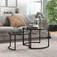 SUCCESS COURIER Lot de 2 tables basses : structure en acier noir, plateau en verre trempé, empilables, tables d'appoint rondes, tables de salon, lot de tables en verre, capacité de charge : 25 kg