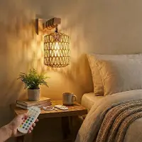 Rosikey Applique murale sans fil en rotin avec télécommande, RGB, applique boho pour chambre à coucher salon couloir, avec deux alimentations (pile/électrique)
