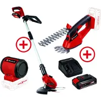 Einhell Coupe-bordures avec kit de démarrage 2,0 Ah + cisaille à herbe et à gazon + kit de démarrage 2,5 Ah (Couteaux en plastique)
