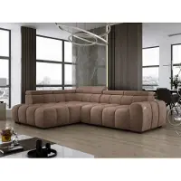 Domo DomoHome Canapé d'angle indépendant Ombo 297x137cm, en L, CAPPUCINO avec fonction sommeil 125x193cm, Canapé avec dossier inclinable, tissu structuré Salvador, appuie-tête réglable