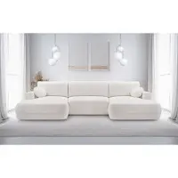 Domo DomoHome FUEGO Canapé d'angle indépendant en forme de U - Blanc 364x164x87cm - Salon avec fonction sommeil-304x140cm & coffre de lit - Canapé design moderne en tissu d'ameublement Bubble