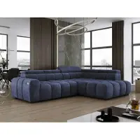 Domo DomoHome Canapé d'angle indépendant Ombo 297x137cm, en L, MARINE avec fonction sommeil 125x193cm, Canapé avec dossier inclinable, tissu structuré Eden, appuie-tête réglable