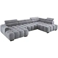 Domo DomoHome Grand canapé d'angle moderne en U Tissu EDEN Argent Côté droit 393×205×97 cm - Appuie-tête réglable, Option sommeil, Design cubiste minimaliste