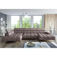 Domo Canapé d'angle PLAZA XL avec fonction relax électrique 385x216cm | Design moderne| Finition de haute qualité| Appuie-têtes réglables| Couleur marron clair solaire| Gauche