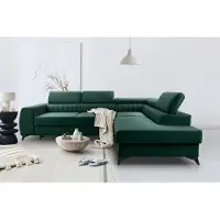 Domo BREGO Vert Canapé d'angle en L 270x202 cm Côté droit - Canapé-lit avec coffre de rangement, Appuie-tête réglables, Tissu Zetta, Design moderne, Autoportant, Coin rembourré confortable