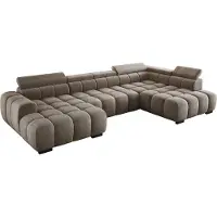 Domo DomoHome Grand canapé d'angle moderne en U Tissu EDEN Chameau Côté droit 393×205×97 cm - Appuie-tête réglable, option sommeil, design cubiste minimaliste