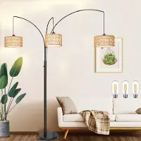 Lapamax Lampe sur pied à LED en rotin, lampe sur pied incurvée et réglable avec 3 ampoules, lampe sur pied à double abat-jour, lampe de lecture, interrupteur à bouton