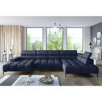 Domo Canapé d'angle PLAZA XL avec fonction relax électrique 385x216cm | Design moderne| Finition de haute qualité| Appuie-têtes réglables| Couleur bleu foncé solaire| Droite