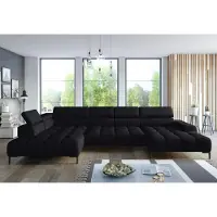 Domo Canapé d'angle PLAZA XL avec fonction relax électrique 385x216cm | Design moderne| Finition de haute qualité| Appuie-têtes réglables| Couleur noir solaire| Gauche