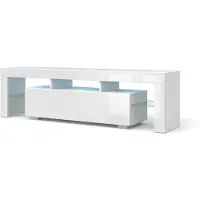 Homlando Armoire TV 160 cm BLANC MAT (corps), BLANC BRILLANT (façades) + éclairage LED
