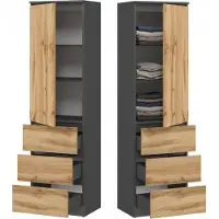 BDW , Armoire avec 3 tiroirs, 50×180,5×40 cm, graphite / chêne wotan