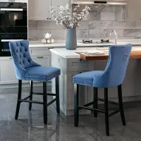 Youjia Lot de 2 tabourets de bar avec rembourrage en velours, capitonnage à boutons, pieds en bois et garniture de clous chromés, tabourets de bar, bleu, velours, 100 % polyester, 2