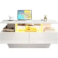 Youjia Table basse brillante avec éclairage LED et 2 tiroirs - Élégante table d'appoint de 90 x 55 x 41 cm avec espace de rangement