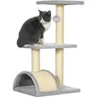 Youjia Arbre à chat de 72 cm avec boules en peluche, poteaux en sisal, plate-forme et planche à griffer, gris clair