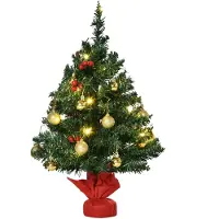 Youjia Petit sapin de Noël, mini sapin de Noël avec baies de houx, boules et lumières LED, décoration de table verte en PVC ∅40 x 60 cm