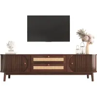 Youjia Meuble TV-Meuble TV en bois naturel avec portes et tiroirs. Support TV avec côtés en rotin. Solution de rangement,