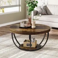 StarTech.com Table basse ronde de 80 cm - Table d'appoint pour salon à 2 niveaux - Plateau en bois - Structure en métal - Style moderne et minimaliste - Couleur marron foncé