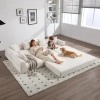 LVHOM Canapé-lit modulaire en velours côtelé, 7 en 1 Canapé rembourré pliable, Lit de jour sans montage, Canapé de sol avec poches latérales, Beige