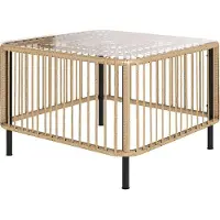 SUCCESS COURIER Table de jardin en polyrotin 65 x 65 x 43 cm – Table d'appoint carrée avec plateau en verre, table basse résistante aux intempéries pour balcon et terrasse, aspect bois naturel
