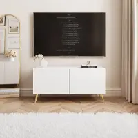 Idohome TV Lowboard Angel 100 cm blanc mat - armoire avec éclairage LED, armoire TV sur pieds métalliques dorés, meuble média, Push to Open