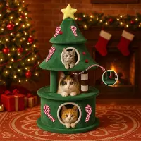 StarTech.com Arbre à griffer pour chats - Arbre à griffer avec maison - Motif sapin de Noël - 2 niveaux - Colonnes à griffer - Ballon - Bois - Vert clair